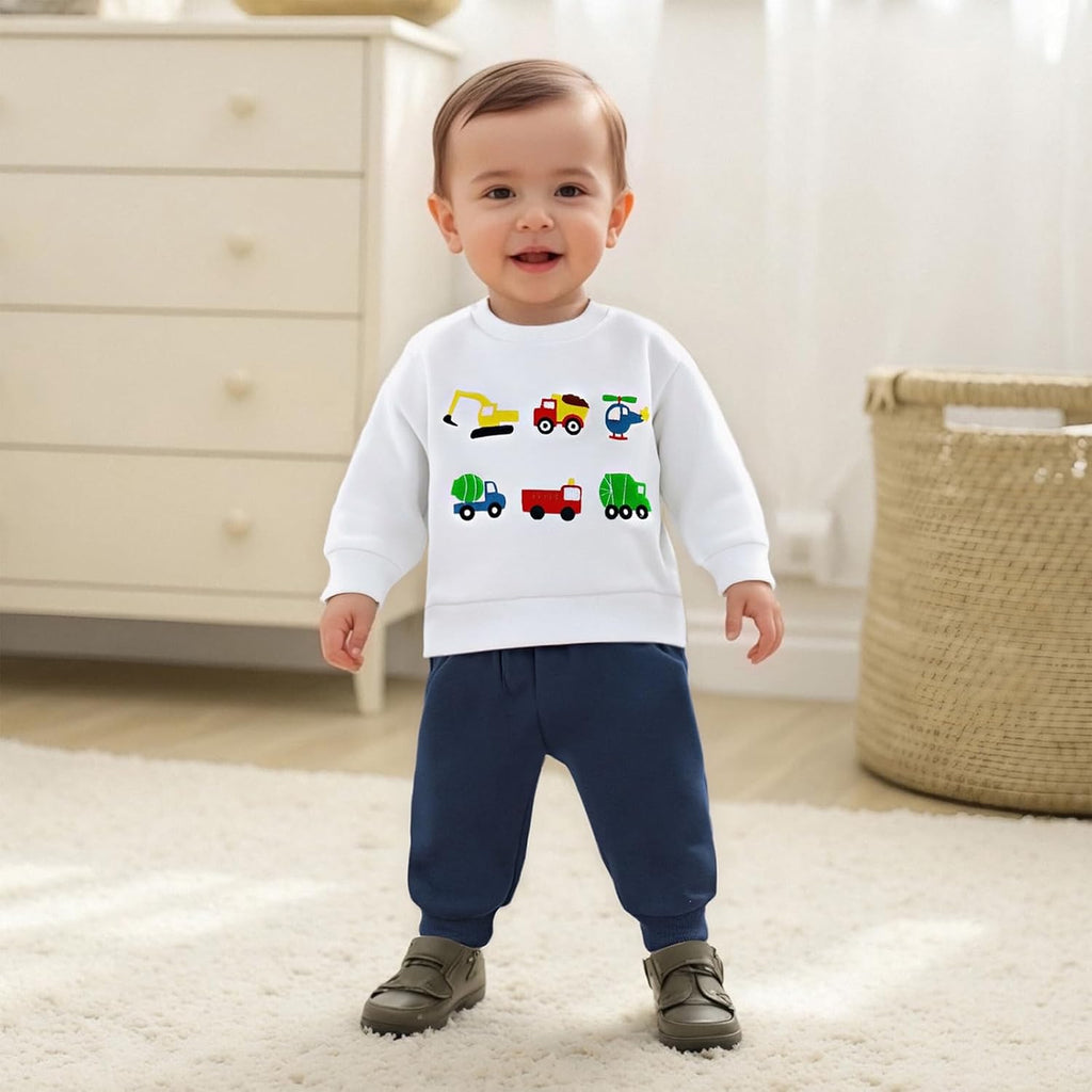 Toddler Baby Boy Clothes Embroidery Trucks Sweatshirt Pants Set