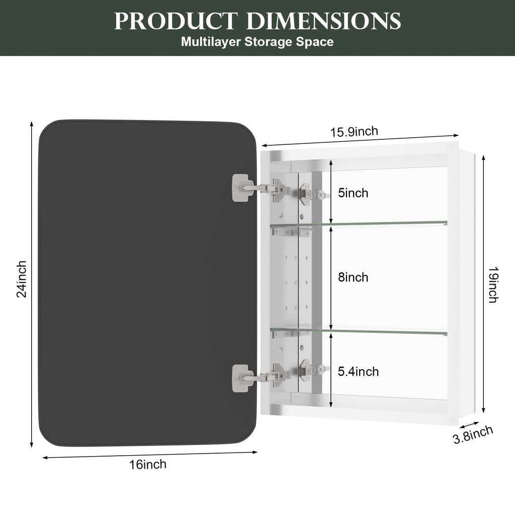 WallByond Bathroom Medicine Cabinet with Mirror, 16x24 Inch Black Recessed Medicine Cabinet with Round Corner