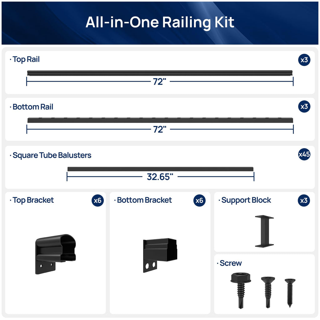 3 Pack 36 in x 6 ft Aluminum Porch and Deck Railing Kit Without Post