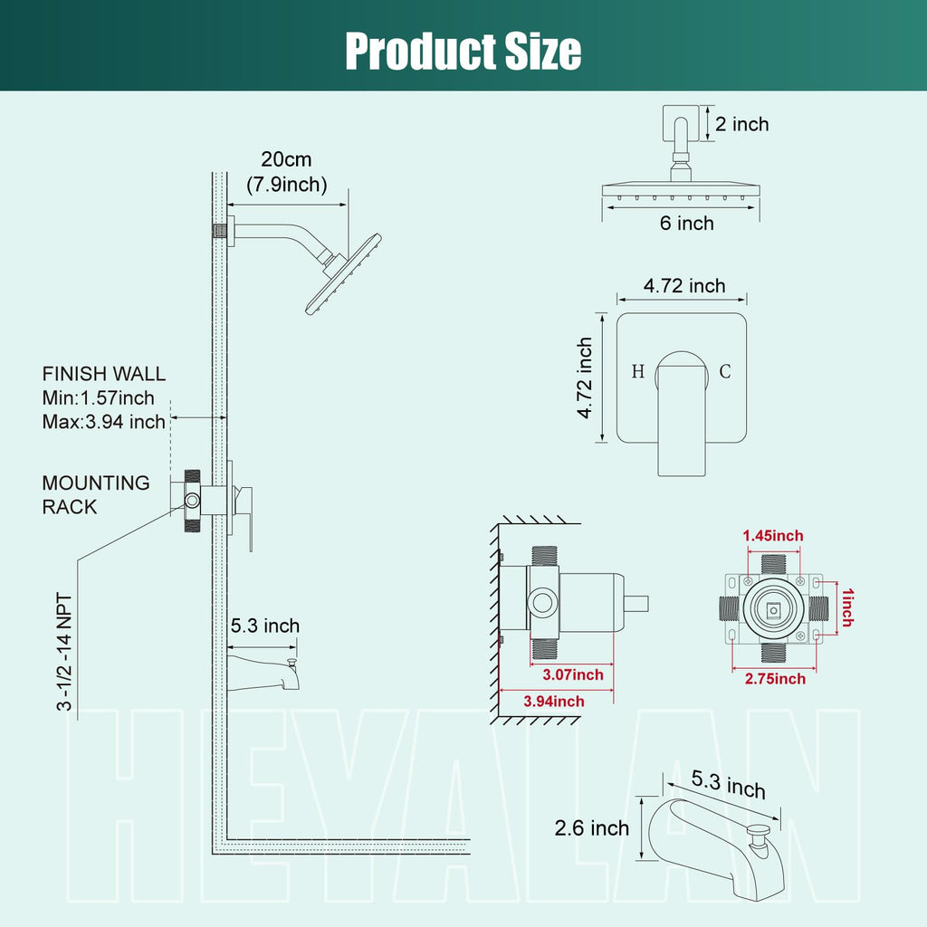 6 Inch Shower Faucet Set with Tub Spout and Valve, Brushed Gold