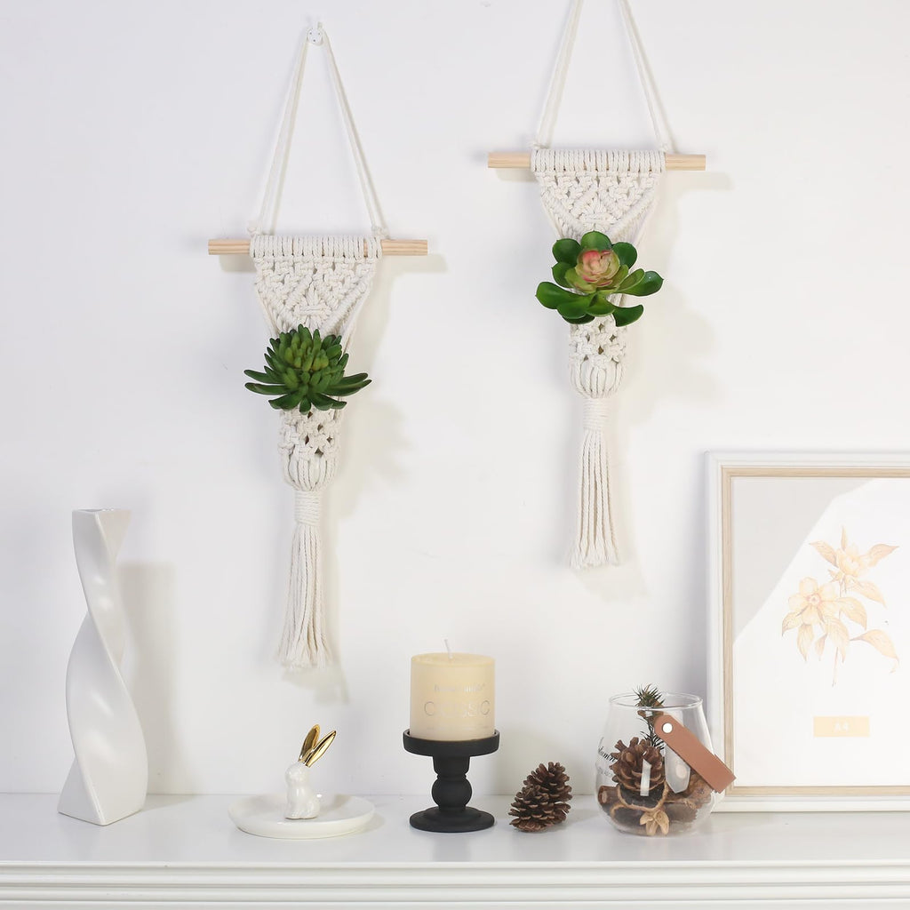 Macrame Wall Hanging Plant Holder with Artificial Succulent, Natural Cotton with Wood Dowel, Boho Wall Decor, Hanging