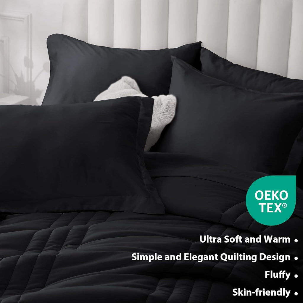 Queen Comforter Set Black - Bed in a Bag Queen 7 Pieces, Soft Bedding Set for All Seasons