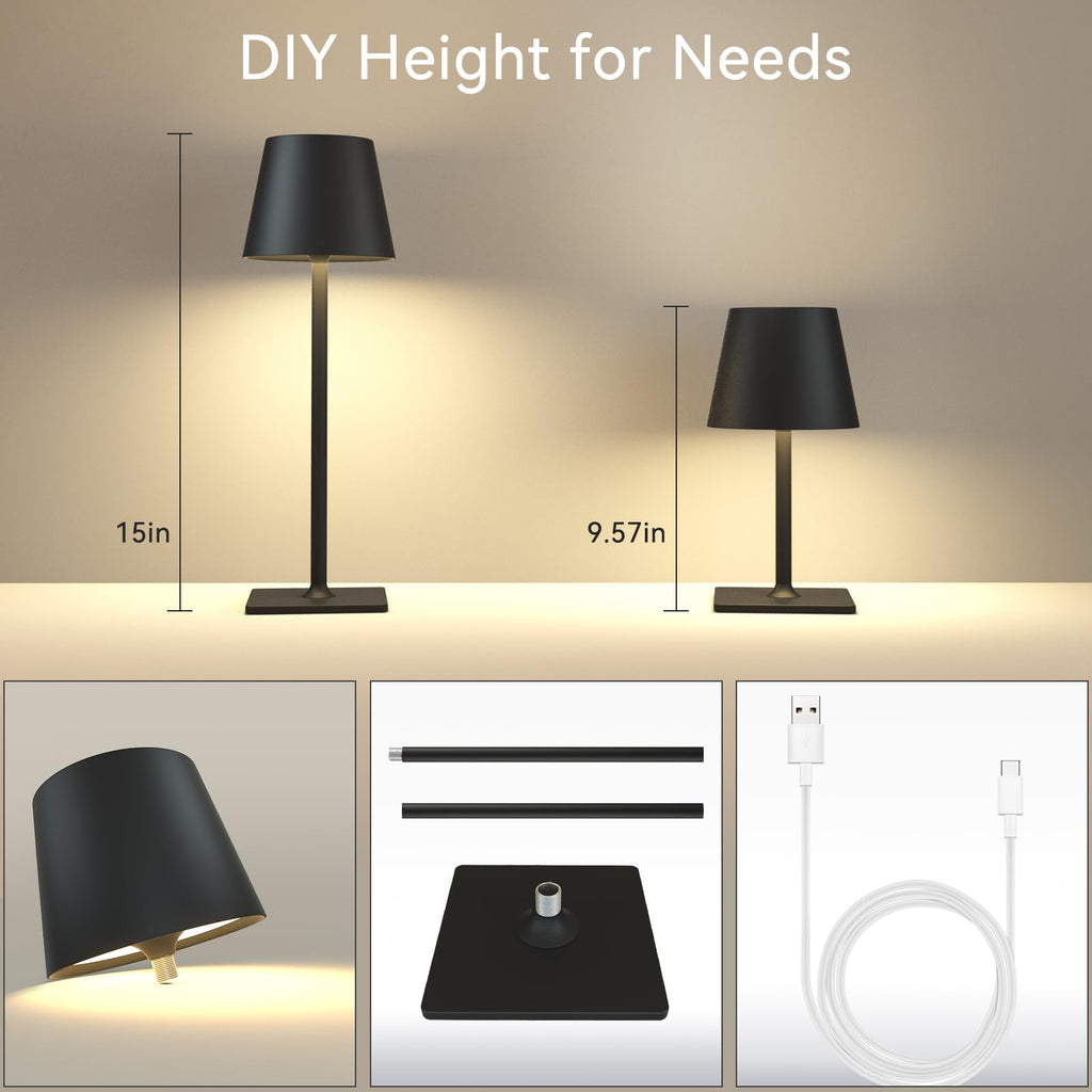 Black Cordless Table Lamps, 6000mAh Rechargeable Battery, 2 Pack
