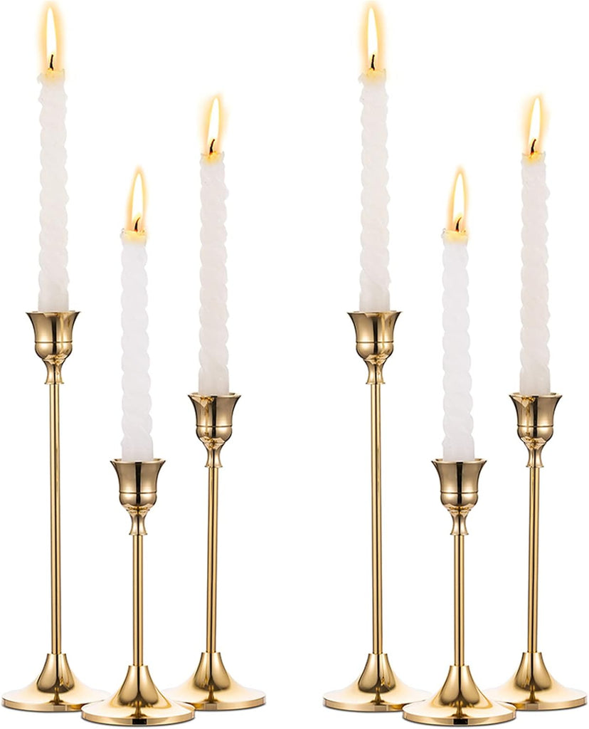 2 Sets(6 Pcs) Brass Gold Metal Taper Candle Holders Candlestick Holders, Vintage Modern Decorative Centerpiece