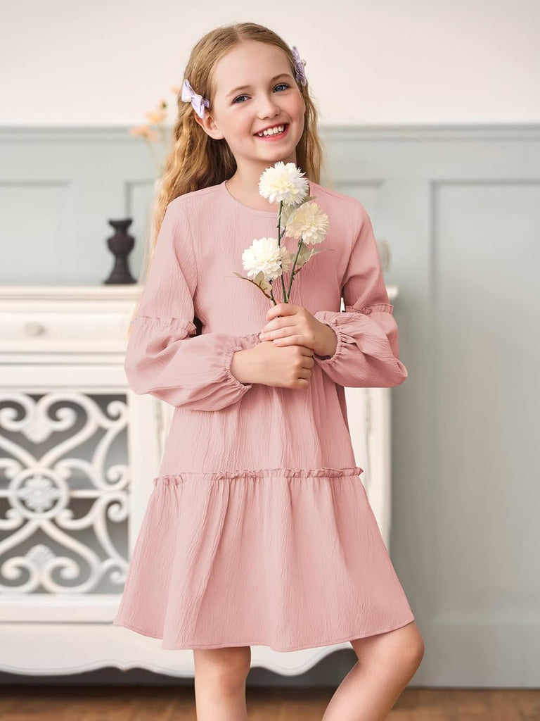 Lantern Long Sleeve Dress Kids Flowy Tiered Ruffle Crewneck A-Line Fall Dresses