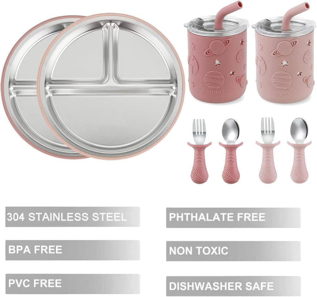 Stainless Steel Baby Feeding Set | 2 Divided Suction Plates, 2 Spill-Proof Straw Cups with Silicone Sleeves, 2 Forks