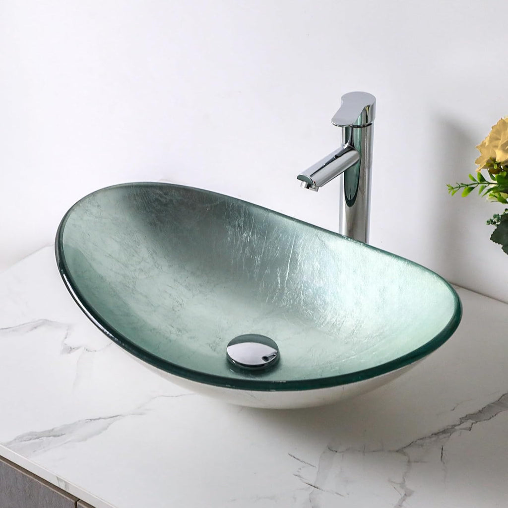 Bathroom Vessel Sink Modern Artistic Tempered Glass Basin Countertop Bowl Sink for Lavatory Vanity Cabinet