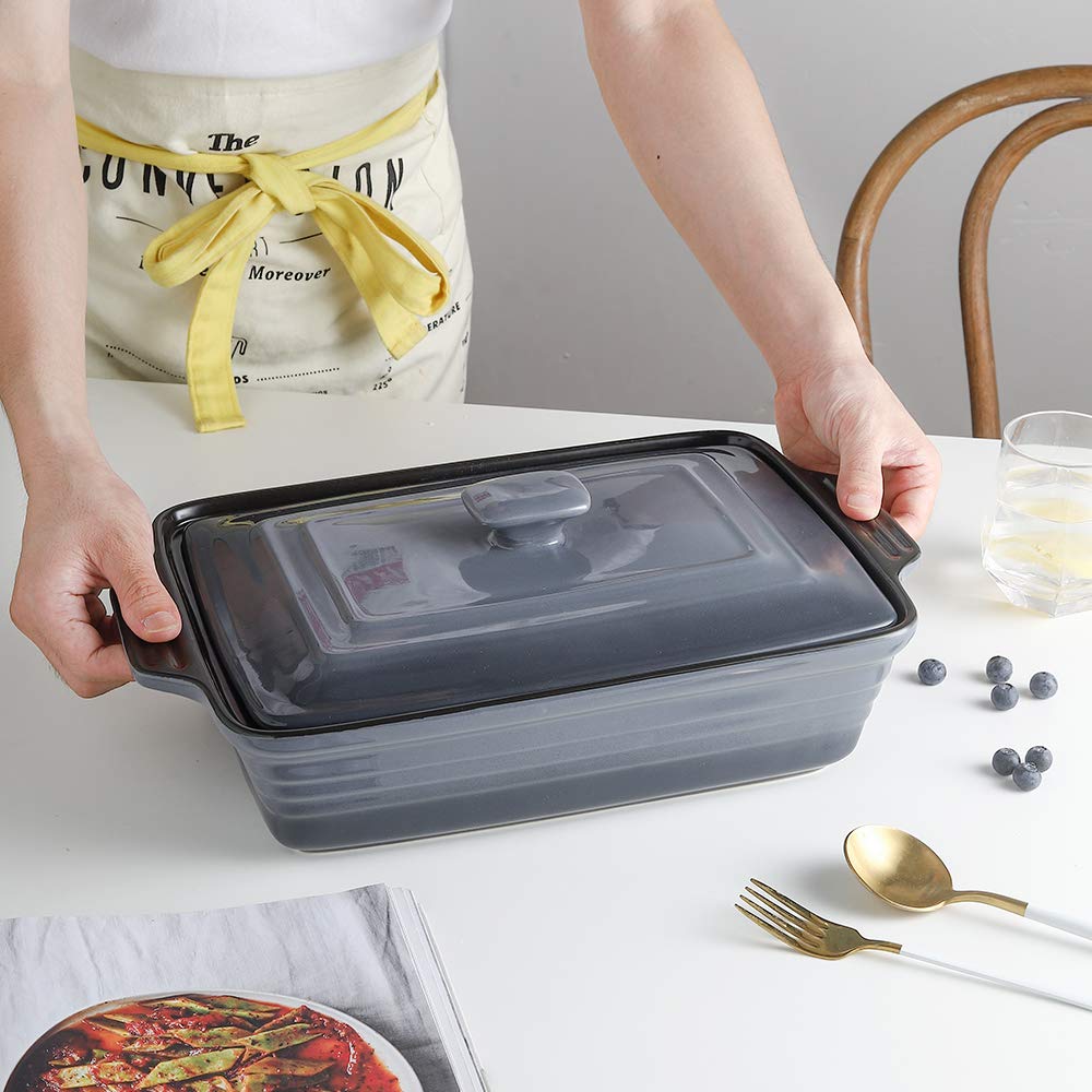 Ceramic Casserole Dish With Lid, Covered Rectangular Set, Lasagna Pan for Cooking, Baking Dish for Dinner, Kitchen, 9