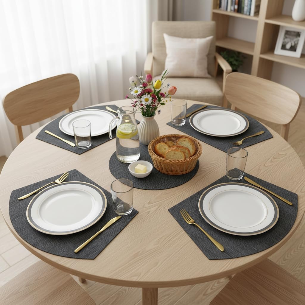 Large Size Wedge Placemats with Centerpiece Round Mat Round Table Place Mats Washable Dining Table Placemats - Set of 5