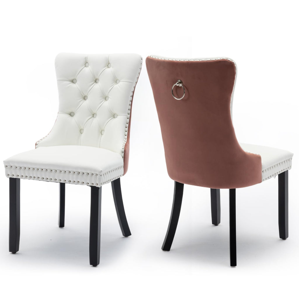 Leather Upholstered Dining Chairs Set of 4, Modern Style Kitchen Side Chairs with Nailhead Trim and Wood Leg, Metal