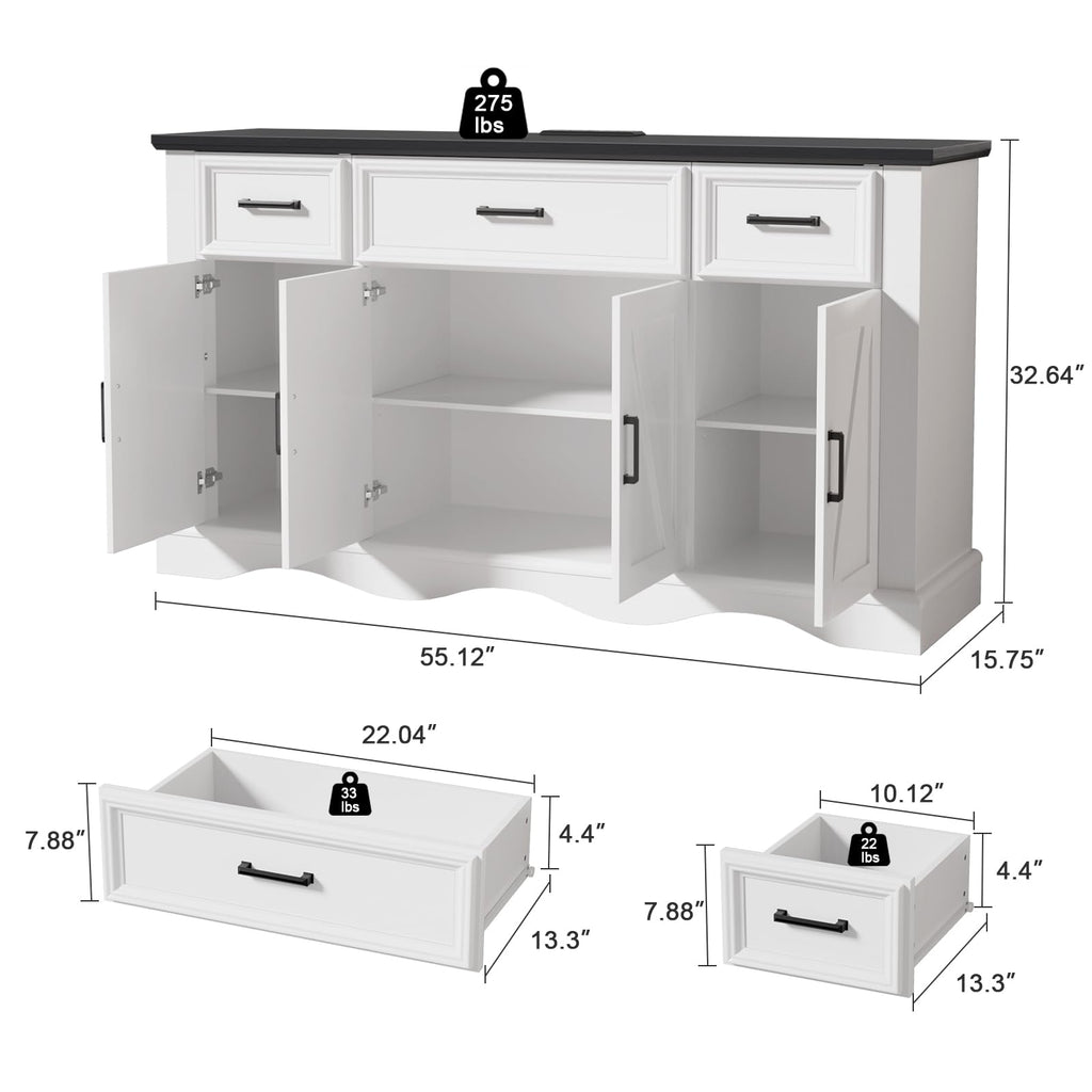 56" Farmhouse White Buffet Cabinet with Charging Station