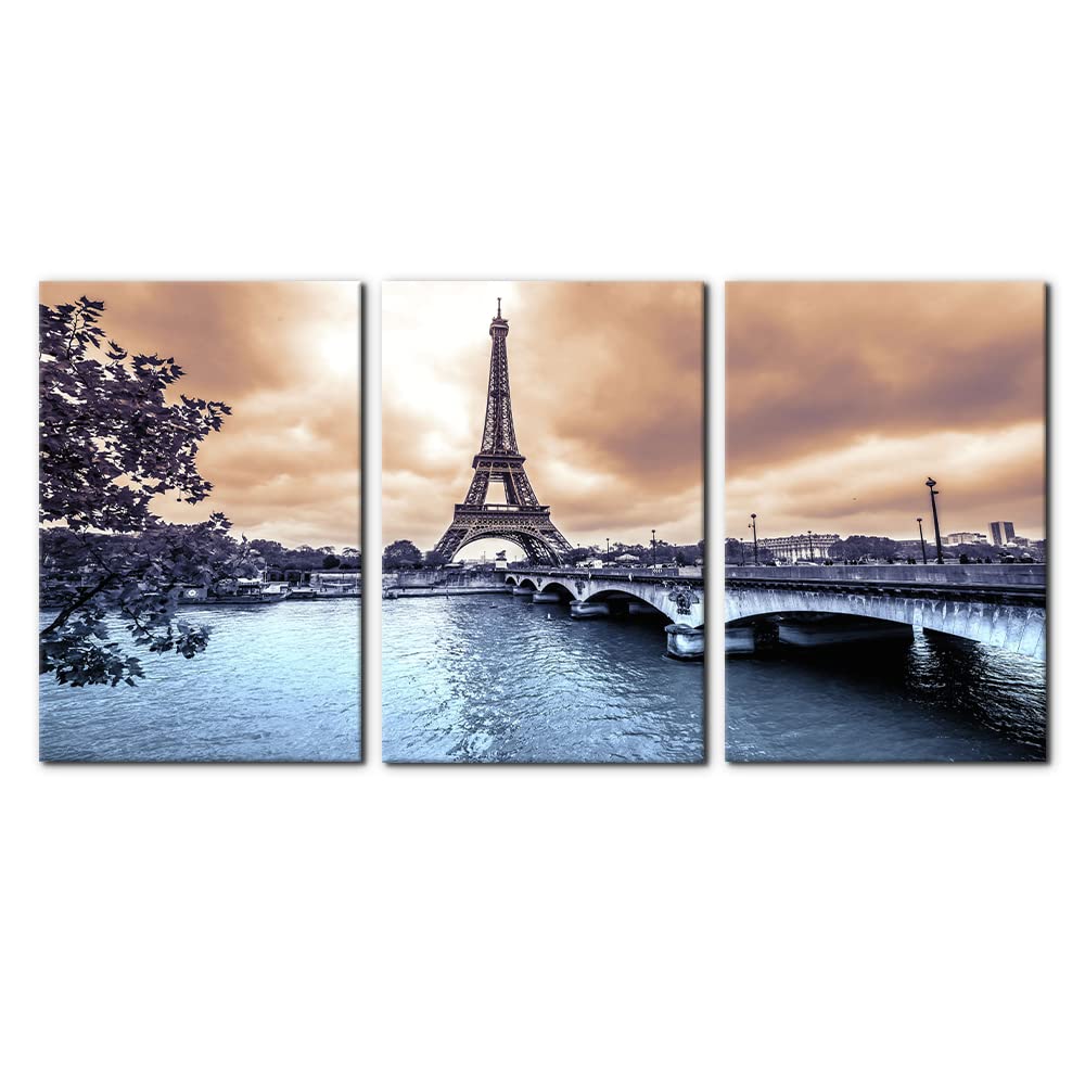 Paris Cityscape Canvas Wall Decor - 3 Pieces Set - Eiffel Tower Skyline Picture Bedroom Office & Home Decor Ideal