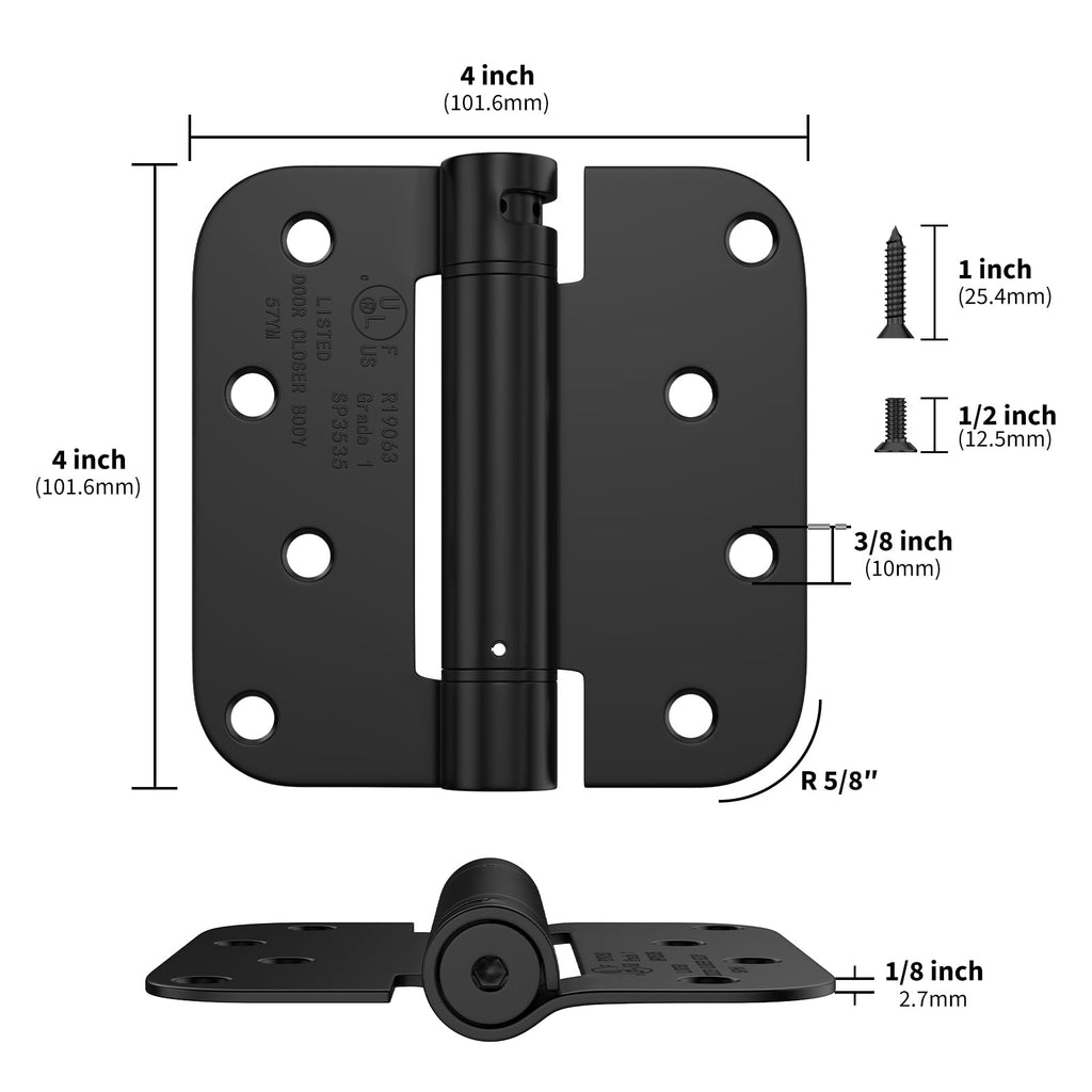 6 Pack Black Spring Door Hinges 4 Inch 5/8" Radius Corners