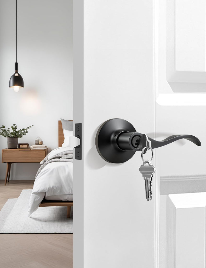 4 Pack Keyed Entry Door Lever Lock for Exterior Door Handleset, Entrance Door Handles Lockset in Black Each with 3
