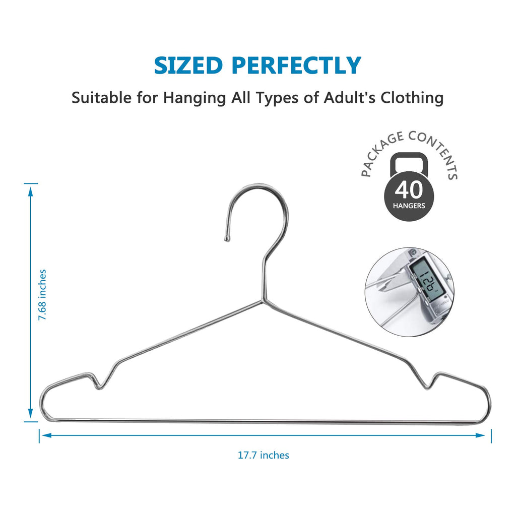 Heavy Duty Stainless Steel Coat Hangers - 40 Pack of 17.7 Inch Ultra Thin, Space Saving Clothes Hangers (Silver)