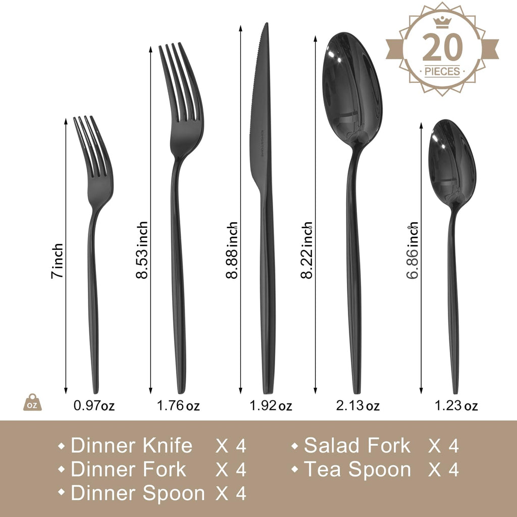18/10 Silverware Set for 4, 20 Piece Black Stainless Steel Flatware Cutlery