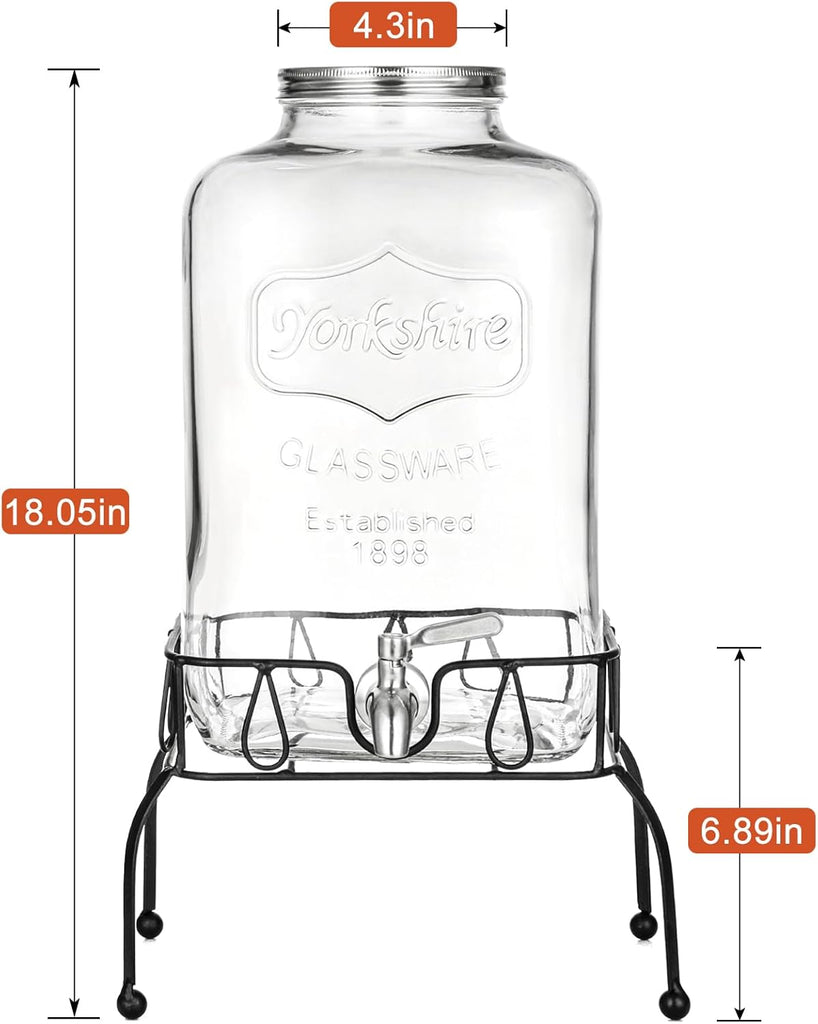 2 Gallon Glass Drink Dispenser with Stand, Stainless Steel Leakproof Spigot and Lid, for Parties, Water Beverage
