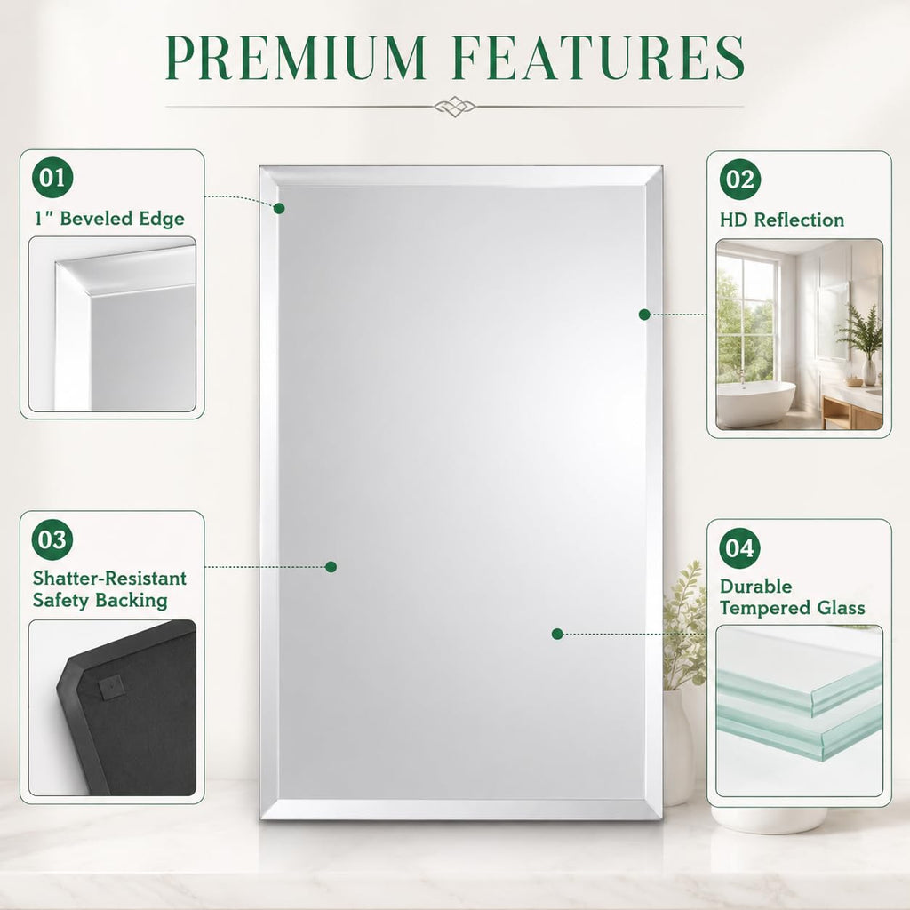 24x36 Inch Rectangle Frameless Bathroom Mirror