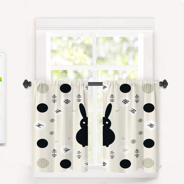 Black Bunny Symbols Circles Blackout Tier Curtains, Simple Black Bunny Design Half Window Drapes with Rod Pocket, Room