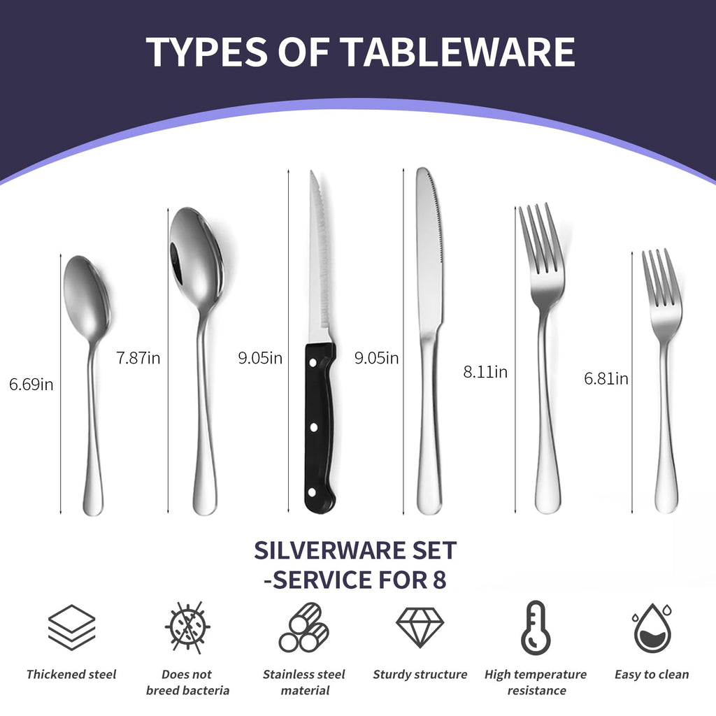 48-Piece Silverware Set for 8 with Steak Knives, Stainless Steel Flatware Set, 18/8 Food Grade Cutlery Set, Mirror