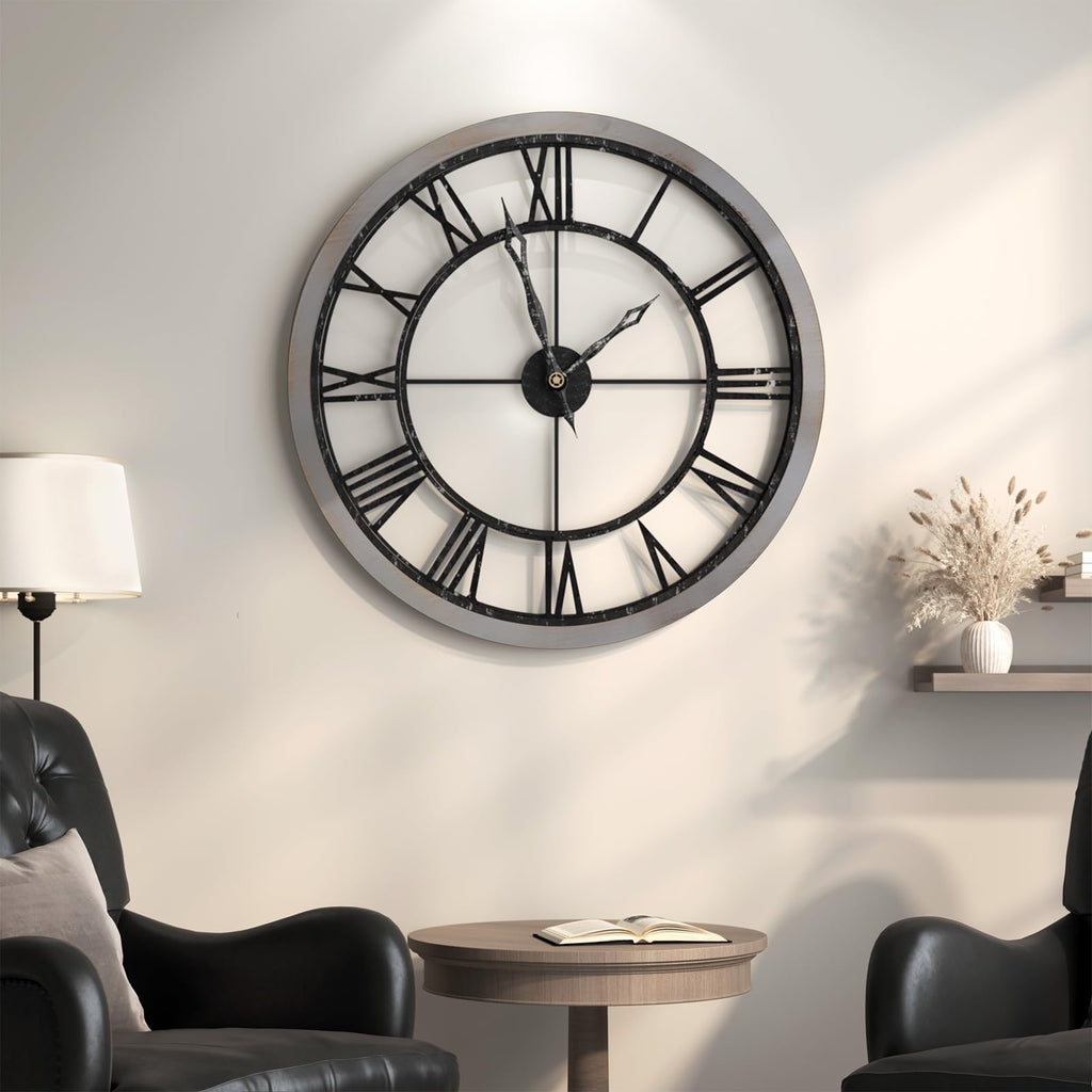 30 Inch Large Wall Clock Rustic Industrial Wood Frame Roman Numeral
