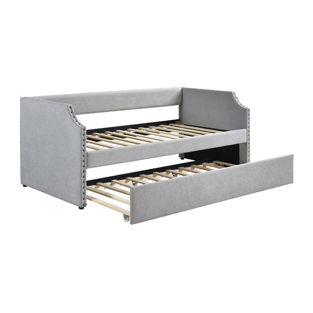 Twin Daybed with Trundle, Nailhead Trim, Fabric, Gray