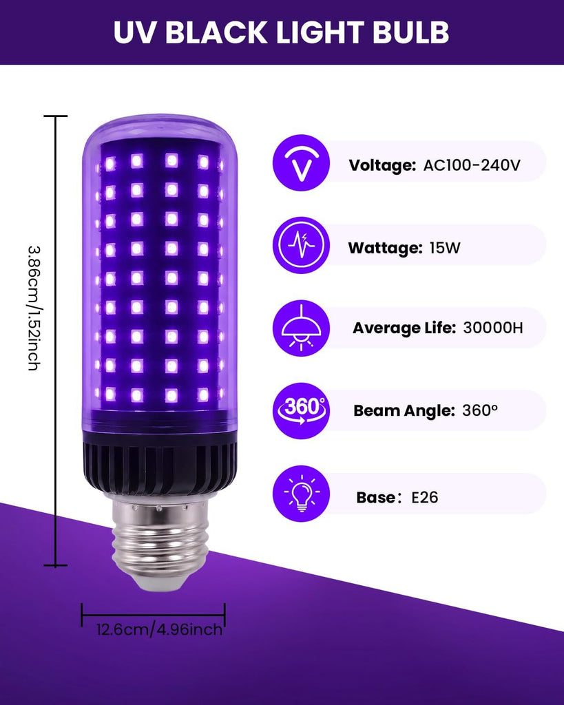 15W LED Black Light Bulb 2 Pack, UVA Level 380-400nm