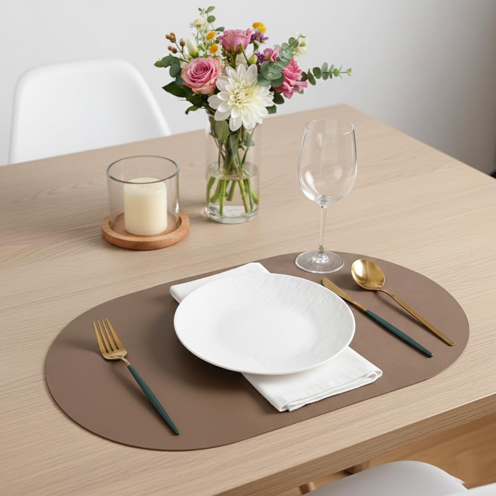Faux Leather Wipeable Dual Sided Oval Placemats,Set of 4