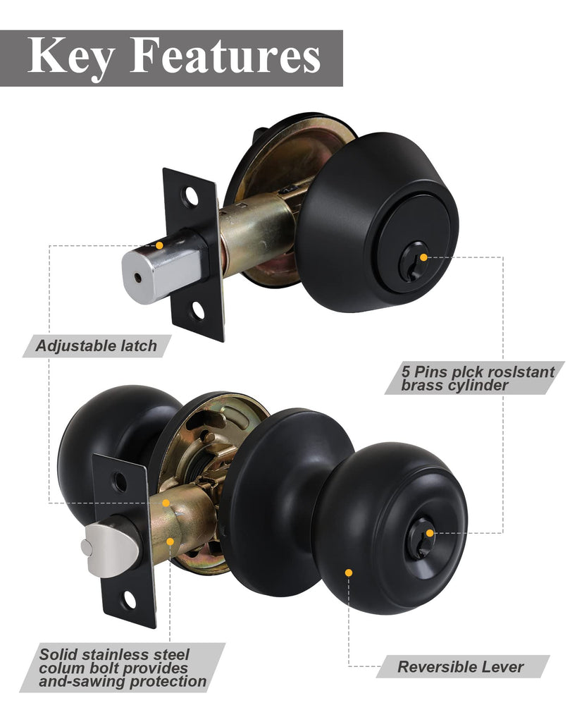 6 Sets) All Keyed Alike Entry Door Knobs and Single Cylinder Deadbolt Lock Combo Set, Security for Entrance and Front