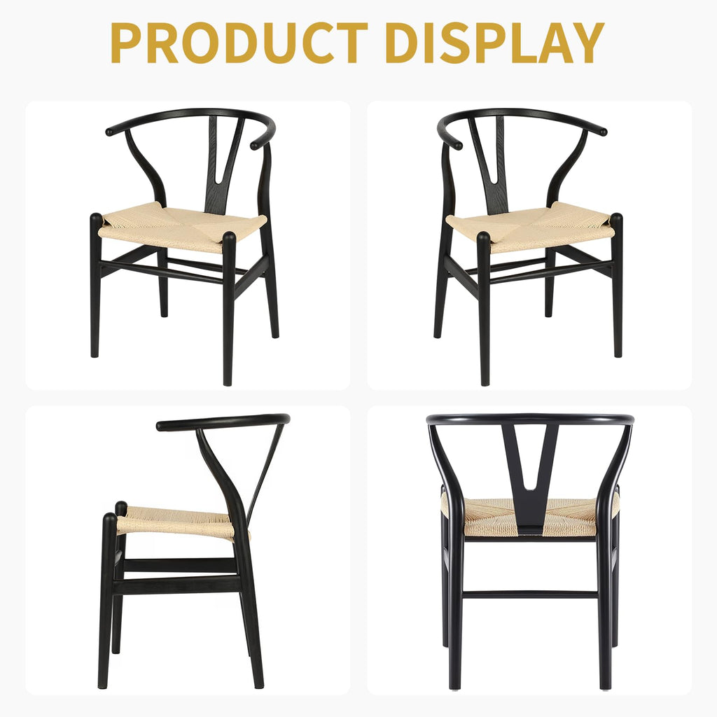 Wishbone Chairs Set of 2, Dining Chairs (Black Frame + Natural Cord)