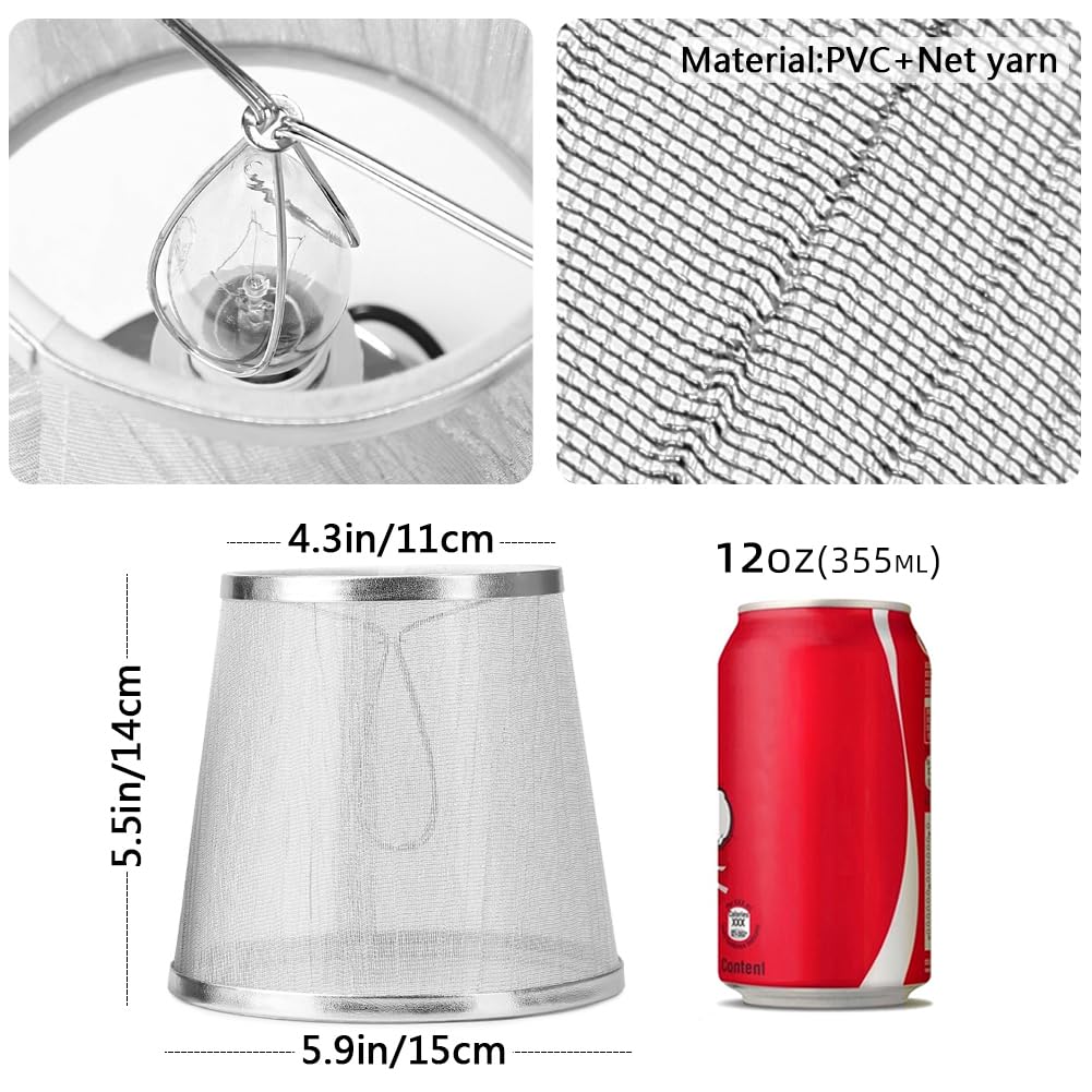 Set of 6 Crystal Chandelier Mini Lamp Shade 5.5-inch, Bell, Clip On Lamp Shade, Champagne Organza (Silver)