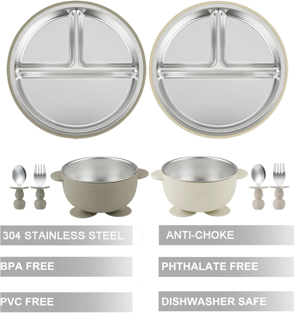 8PCS Baby Feeding Set | Stainless Steel Suction Plates and Bowls with Silicone Fork and Spoon Utensils | Baby Led