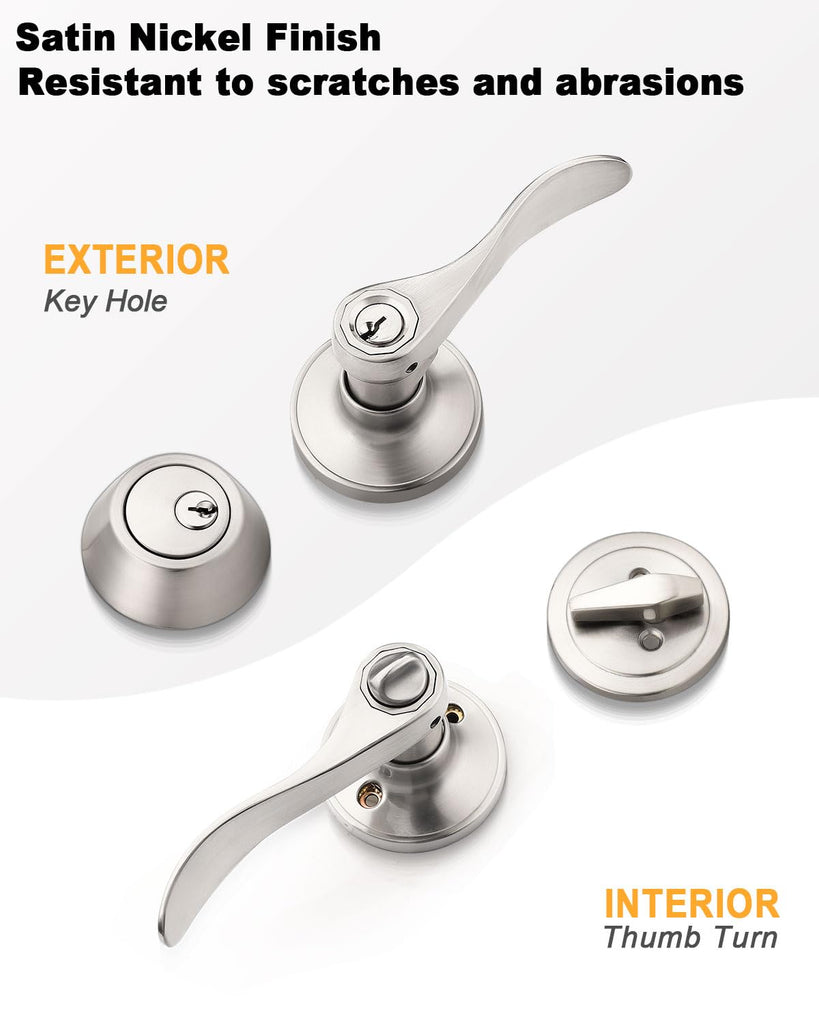 Keyd Alike Entry Door Handle and Single Cylinder Deadbolt Combo Locksets in Satin Nickel, Wave Style Lever with Lock