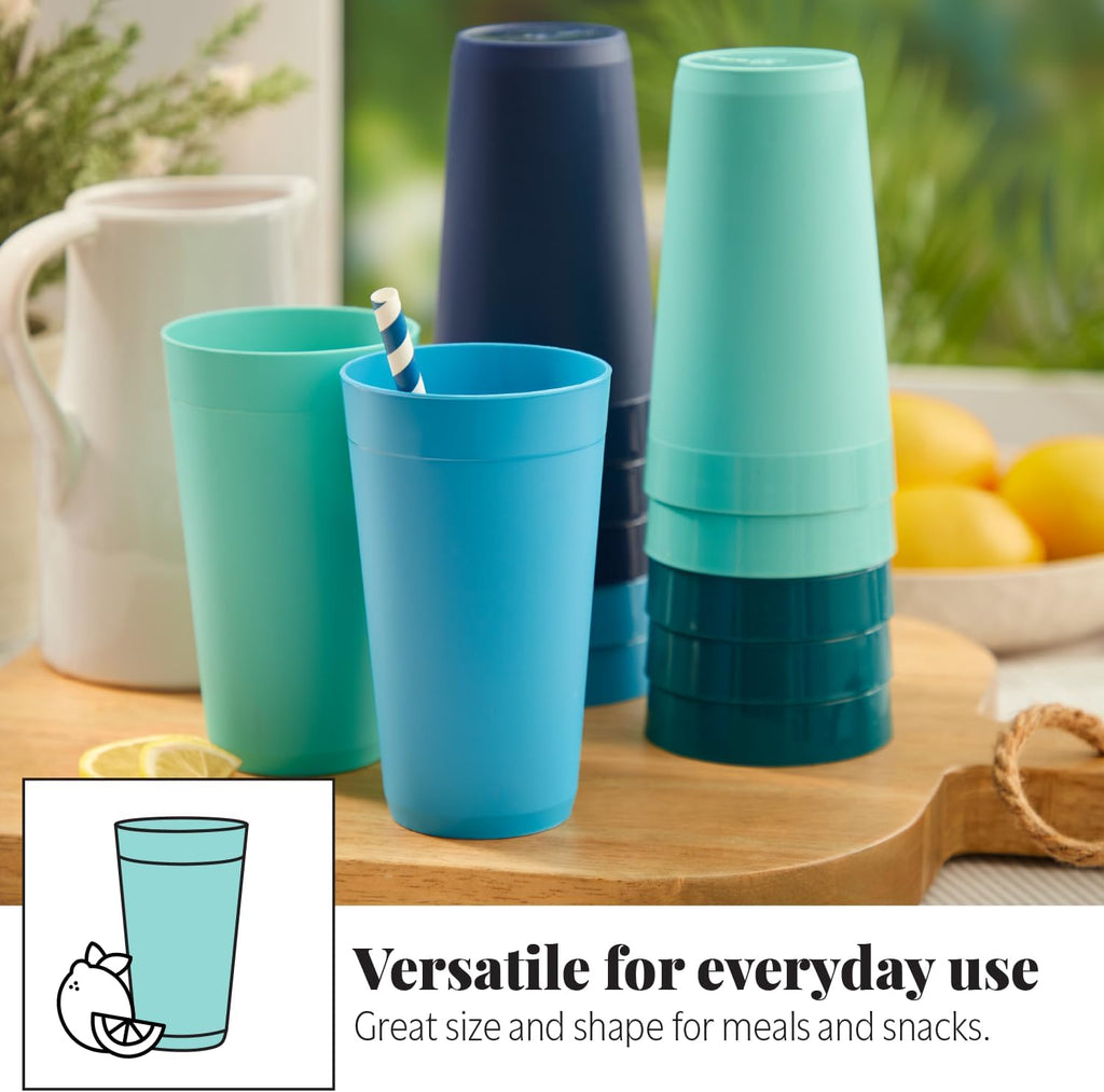 Newport 20 ounce Unbreakable Plastic Stackable Water Tumblers in 4 Coastal Colors | Set of 12 Drinking Cups |