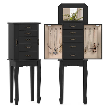 Jewelry Armoire Cabinet with Flip Top Mirror, Standing Jewelry Chest, Top Storage Tray, 4 Storage Drawers, 2 Side