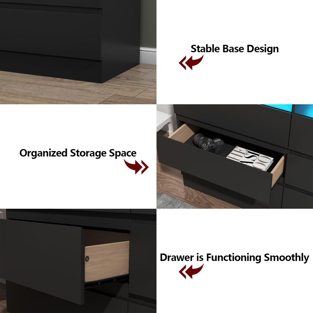 63" Black 9-Drawer Dresser w/Power Outlet, LED Light
