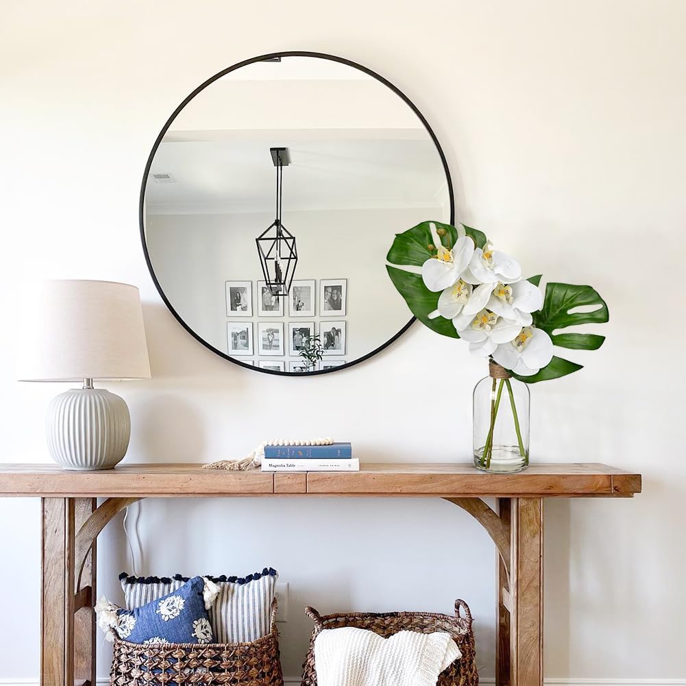 Artificial Monstera Plant and Fake Orchid in Glass Vase, 13.8" Real Touch Fake Plant Tropical Leaves Orchids