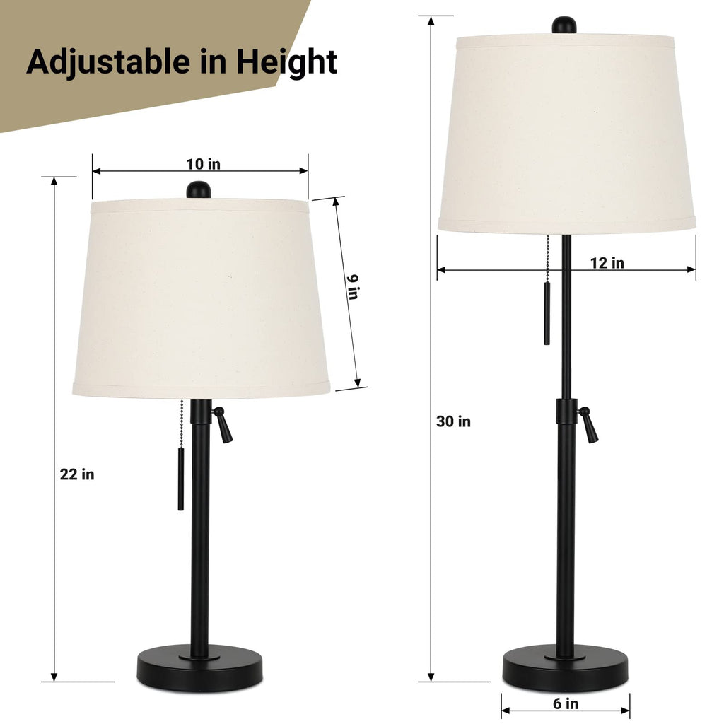 Bedside Table Lamps Set of 2: Tall Black Table Lamps End Table | Height Adjustable 3-Way Dimmable Nightstand Lamp