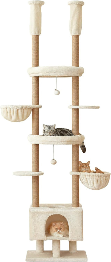Cat Tree, Floor to Ceiling Cat Tower Adjustable Height [92.9-102.4 in=235-258cm], 7 Tiers Cat Climbing Play House