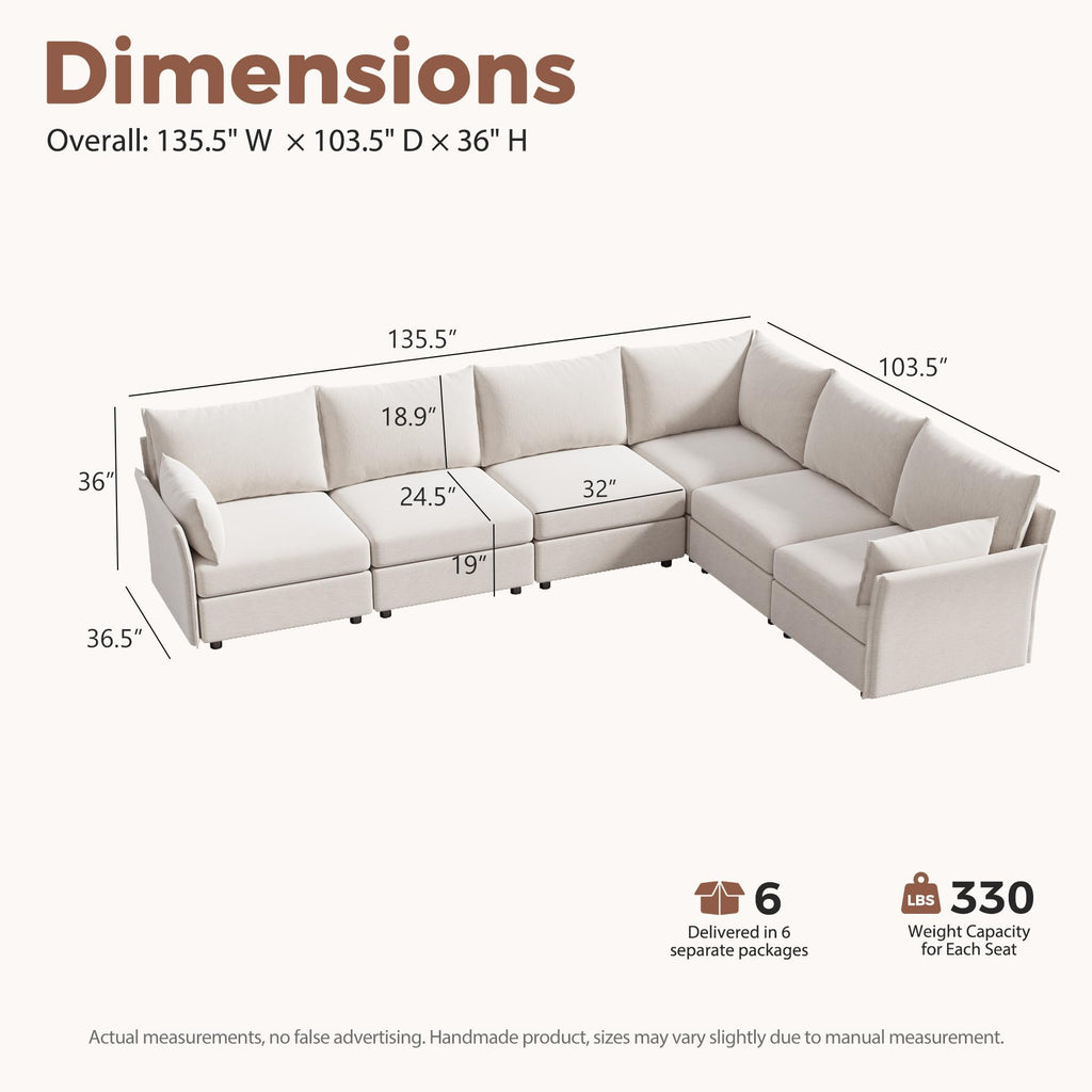 135.5" Oversized Modular Sectional Sofa, L Shaped Convertible Couch, Large 6 Seat Corner Couches Deep Seat White