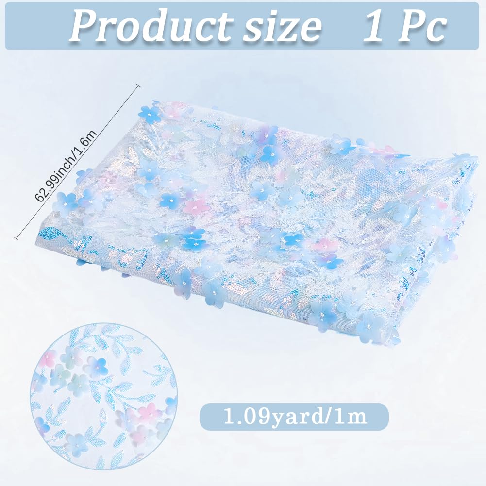 62.99 Inch Light Blue 3D Flower Sequin Tulle Cloth Pattern Netting Sheer Soft Polyester Sparkle Floral Glitter