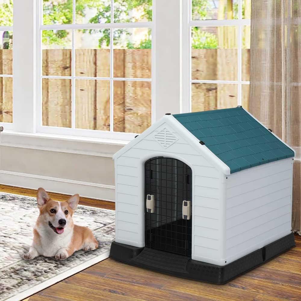 Plastic Dog House, 26" L x 29" W x 28" H Pet Dog Kennel with Door for Small Medium Sized Dogs Water Resistant, Indoor