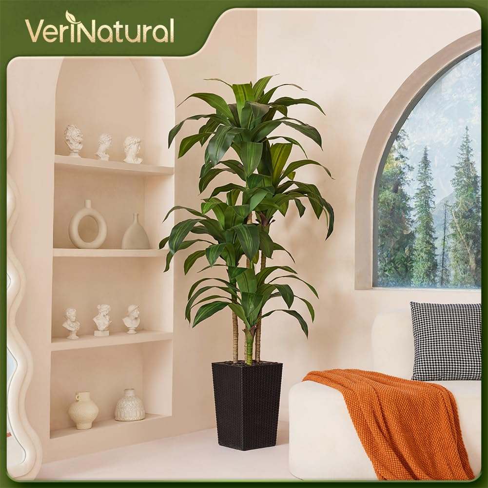 Artificial Dracaena Tree 6FT - Fake Tree with Black Taper Planter & Pebbles - UV Resistant Faux Yucca Tropical Plant