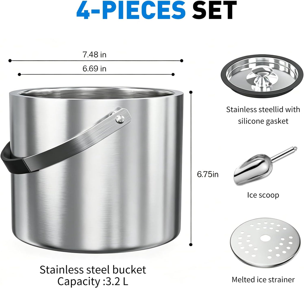 3.2L Double Wall Stainless Steel Ice Bucket for Parties with Lid, Scoop