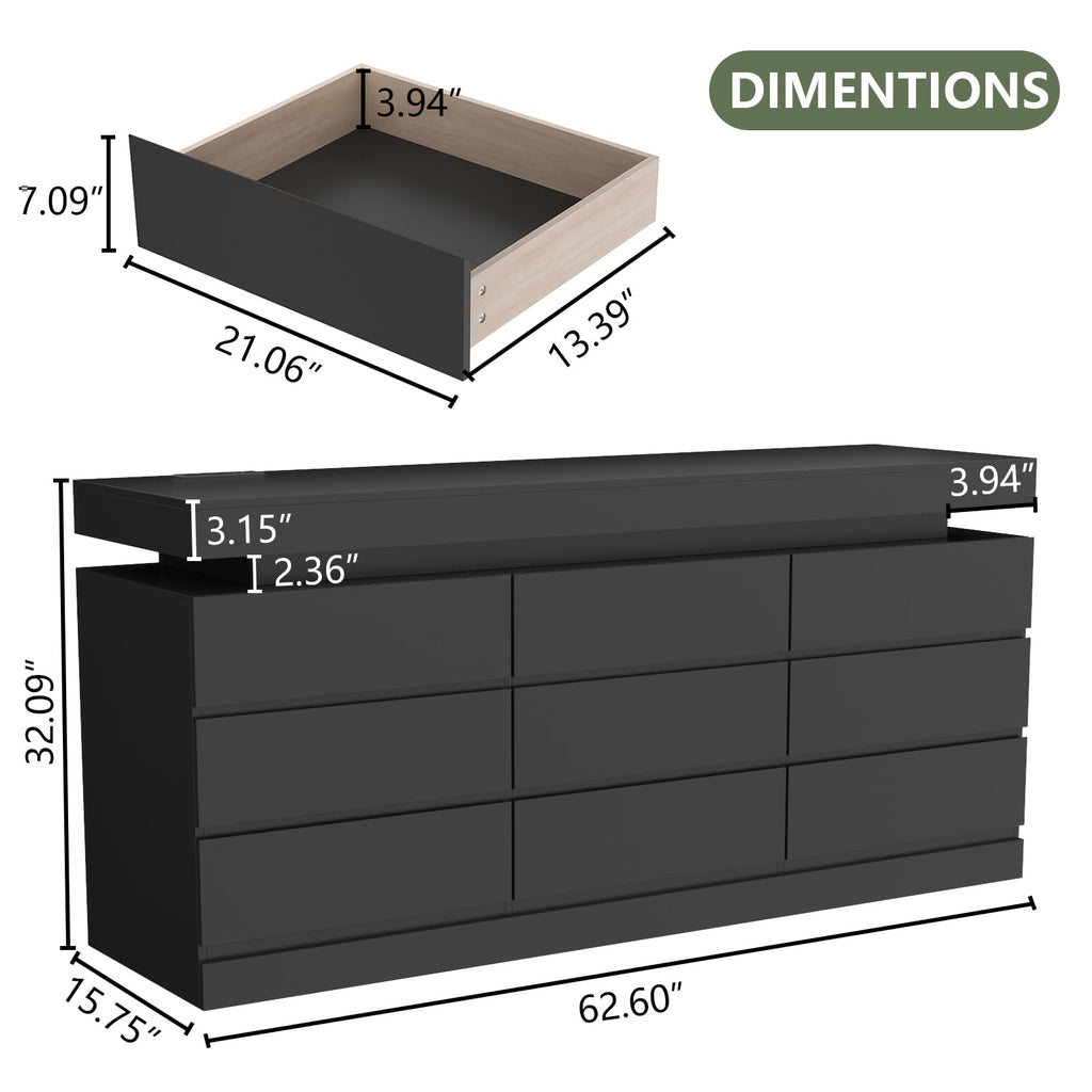 9 Drawer Dresser with Power Outlet, Modern Dresser with LED Light