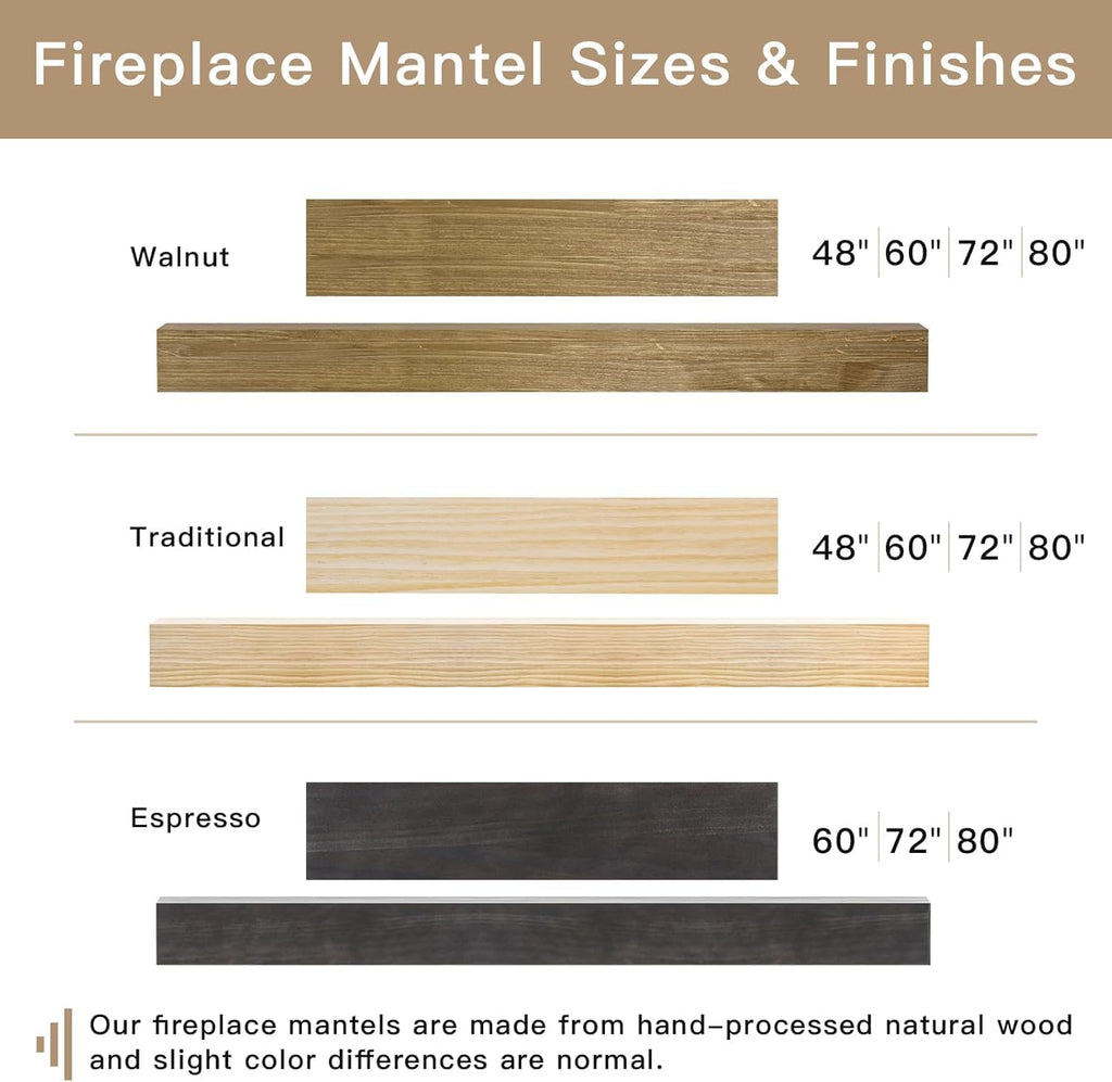 Fireplace Mantel Shelf, 80" Handcrafted Solid Wood Floating Shelf for Over Fireplace - Rustic Farmhouse Wall-Mounted