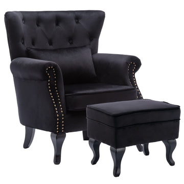Mid-Century Modern Accent Chair with Ottoman, Comfy Velvet Single Sofa Chair Button Tufted Wingback Armchair with