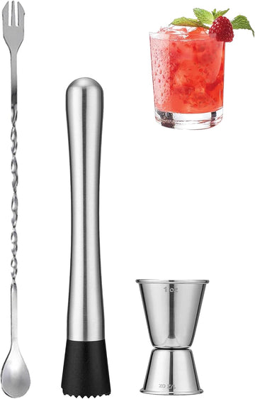 8"Stainless Steel Muddler, 10"Mixing Spoon & Jigger for Cocktails - Set of 3