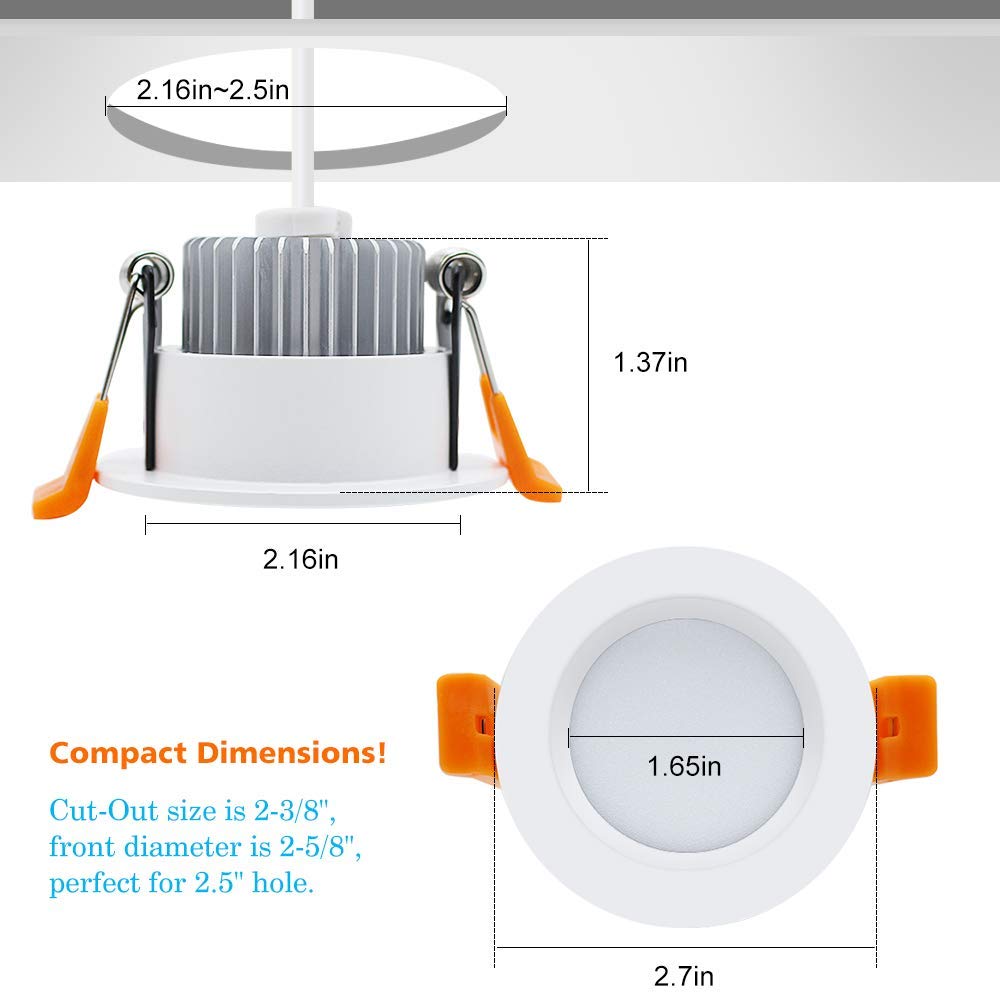 2 Inch LED Downlight, Recessed Lighting Dimmable Ceiling Light, 3W, 5500K Daylight White, CRI80 with LED Driver(35W