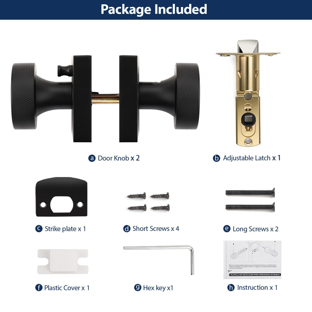 Matte Black Privacy Door Knobs Interior, Zinc Alloy Keyless Black Door Knobs with Lock , Knurled Heavy Duty Square